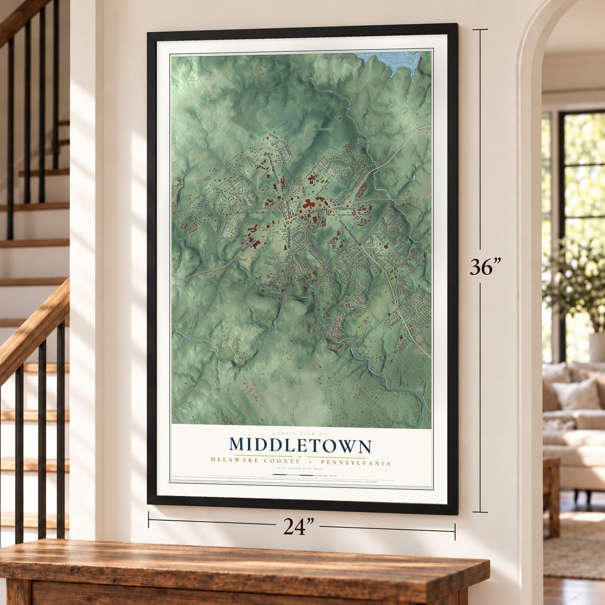 Middletown, Delaware County, Pennsylvania map, 24 x 36 inch print in a black frame by a staircase