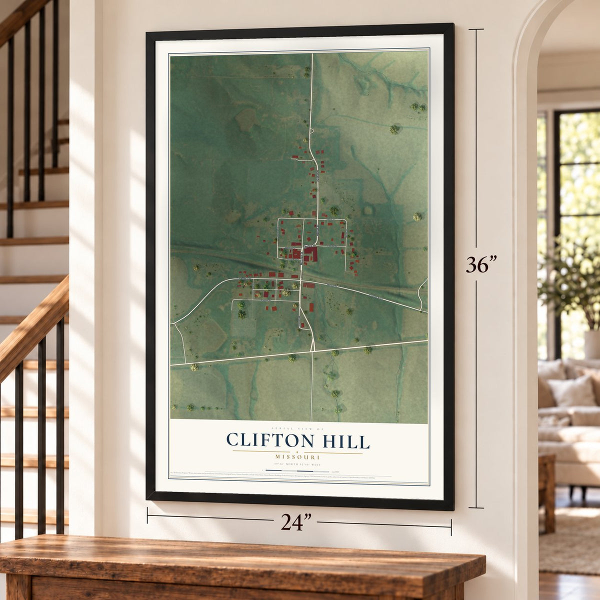 Clifton Hill, Missouri map, 24 x 36 inch print in a black frame by a staircase