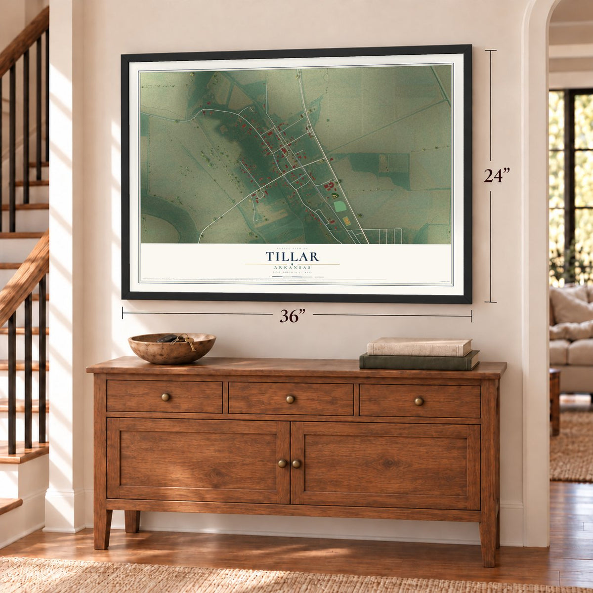 Tillar, Arkansas map, 24 x 36 inch print in a black frame above a dresser by a staircase