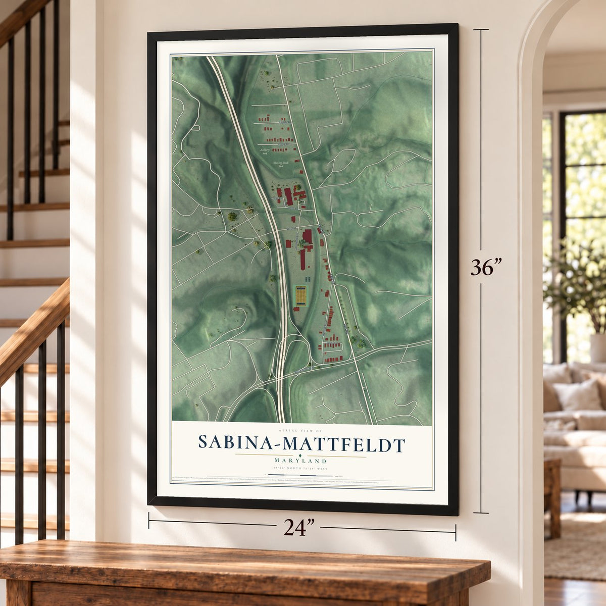 Sabina-Mattfeldt, Maryland map, 24 x 36 inch print in a black frame by a staircase