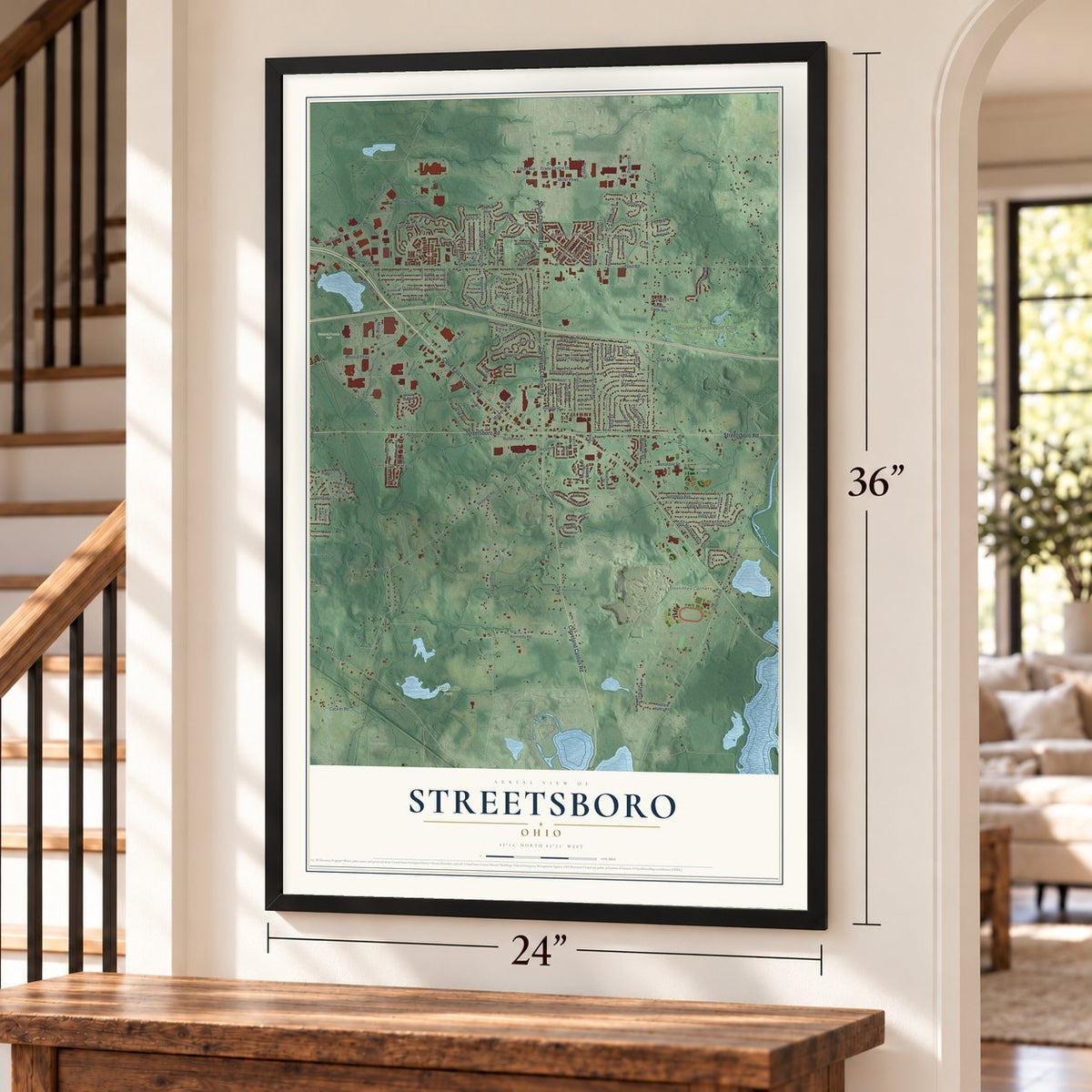 Streetsboro, Ohio map, 24 x 36 inch print in a black frame by a staircase
