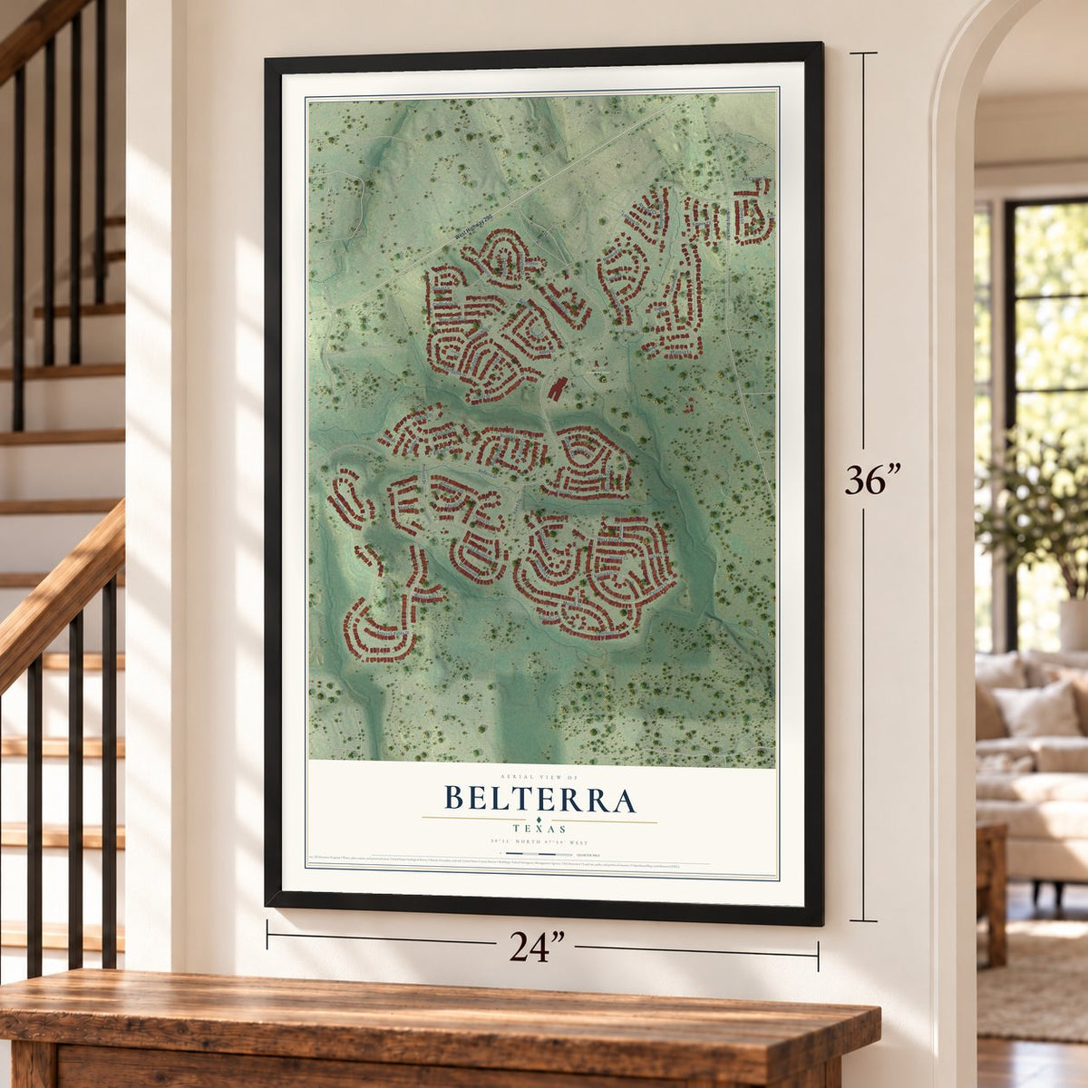 Belterra, Texas map, 24 x 36 inch print in a black frame by a staircase