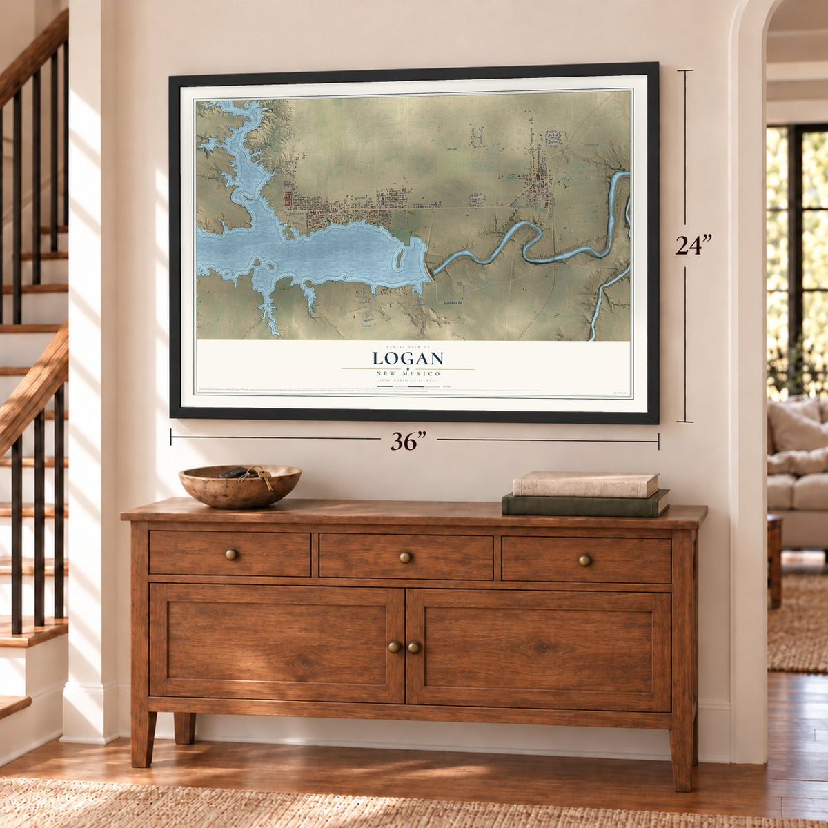 Logan, New Mexico map, 24 x 36 inch print in a black frame above a dresser by a staircase