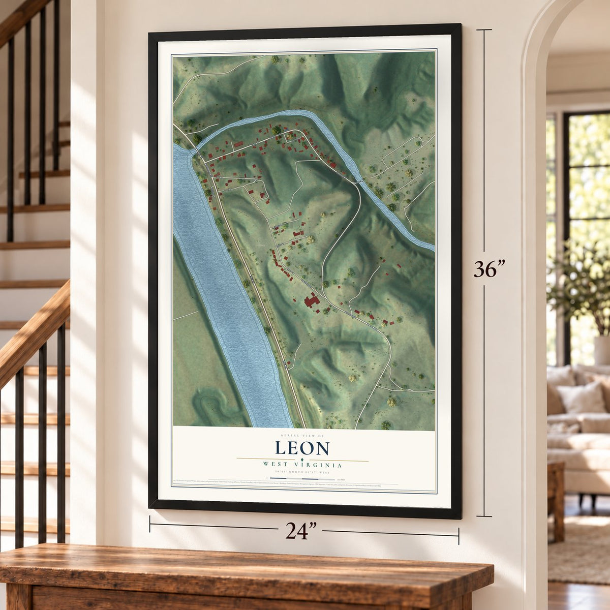 Leon, West Virginia map, 24 x 36 inch print in a black frame by a staircase