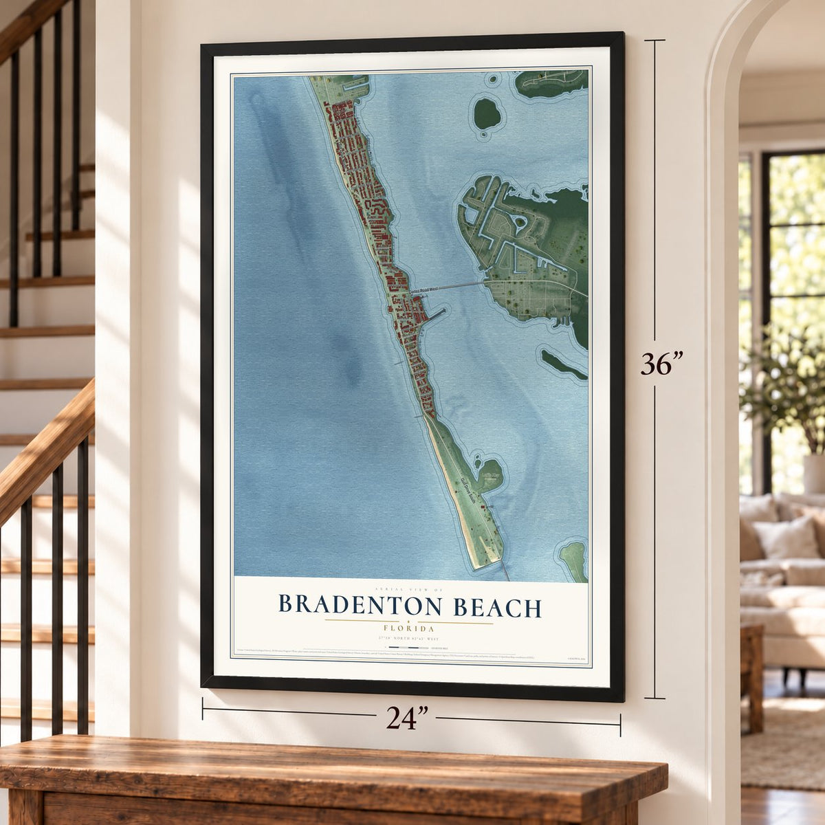 Bradenton Beach, Florida map, 24 x 36 inch print in a black frame by a staircase