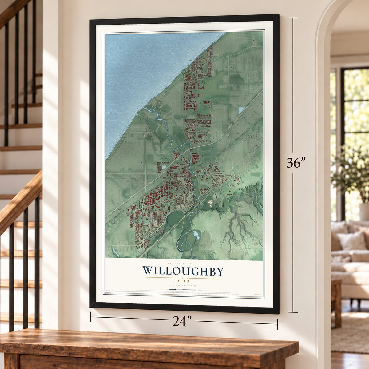 Willoughby, Ohio map, 24 x 36 inch print in a black frame by a staircase