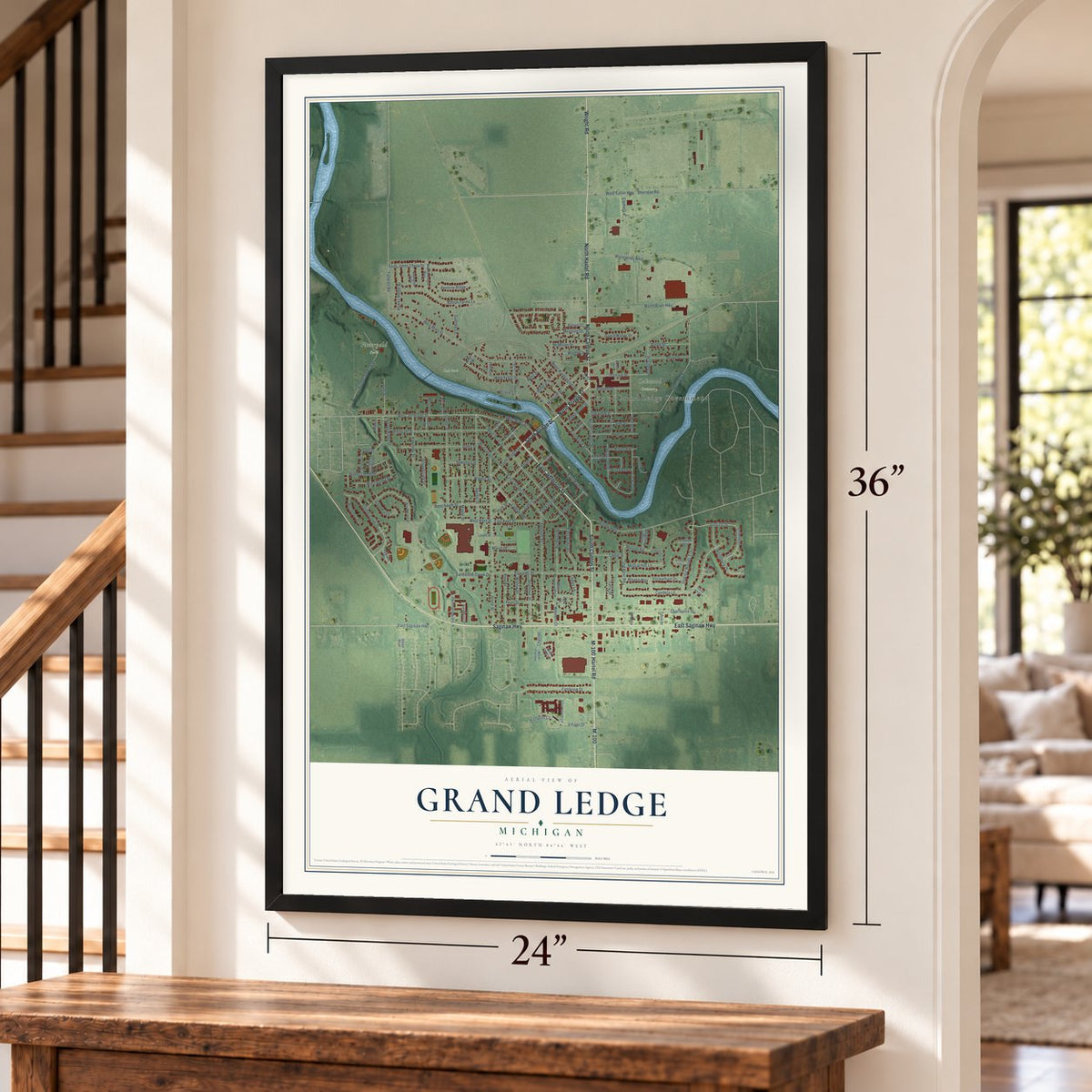 Grand Ledge, Michigan map, 24 x 36 inch print in a black frame by a staircase