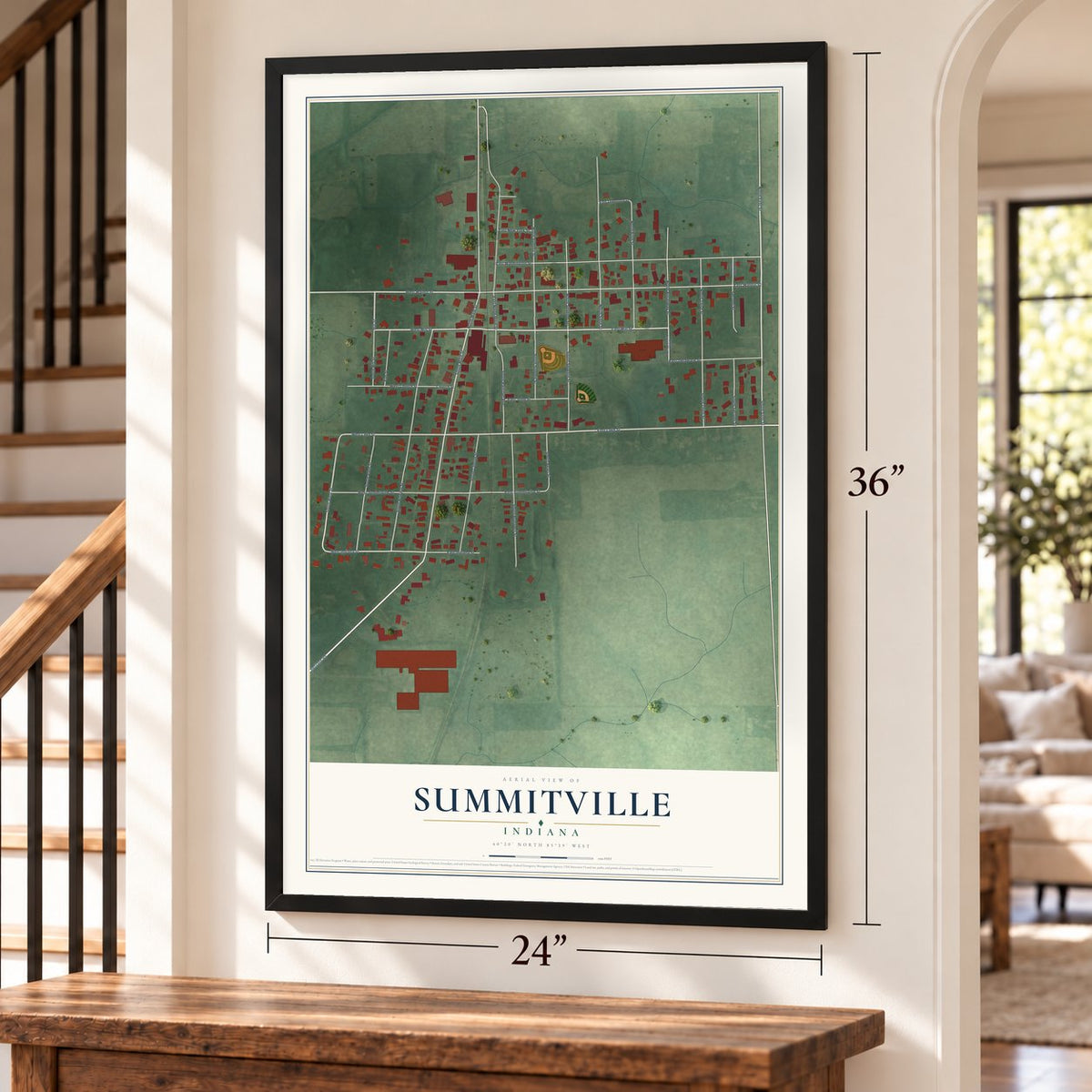 Summitville, Indiana map, 24 x 36 inch print in a black frame by a staircase