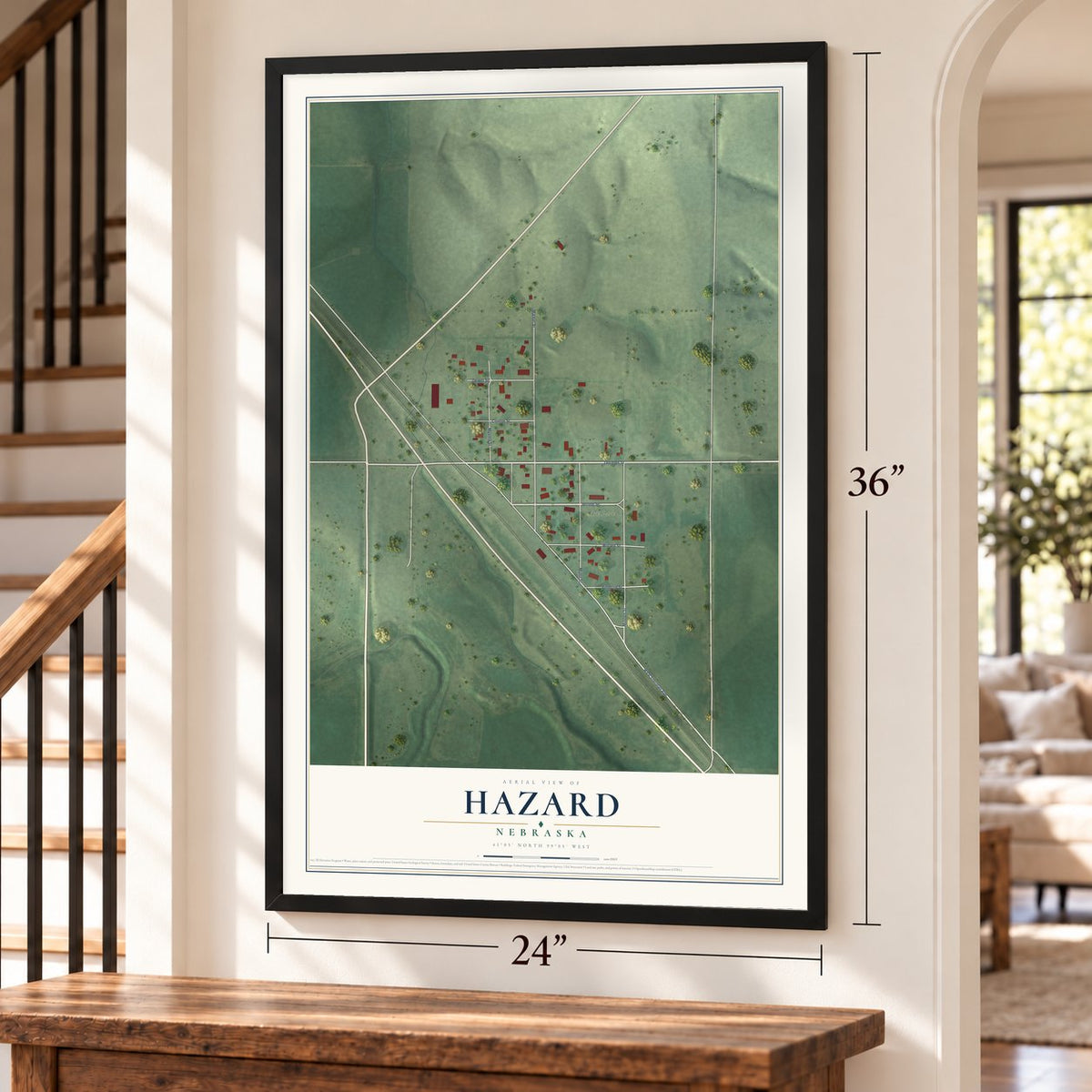 Hazard, Nebraska map, 24 x 36 inch print in a black frame by a staircase