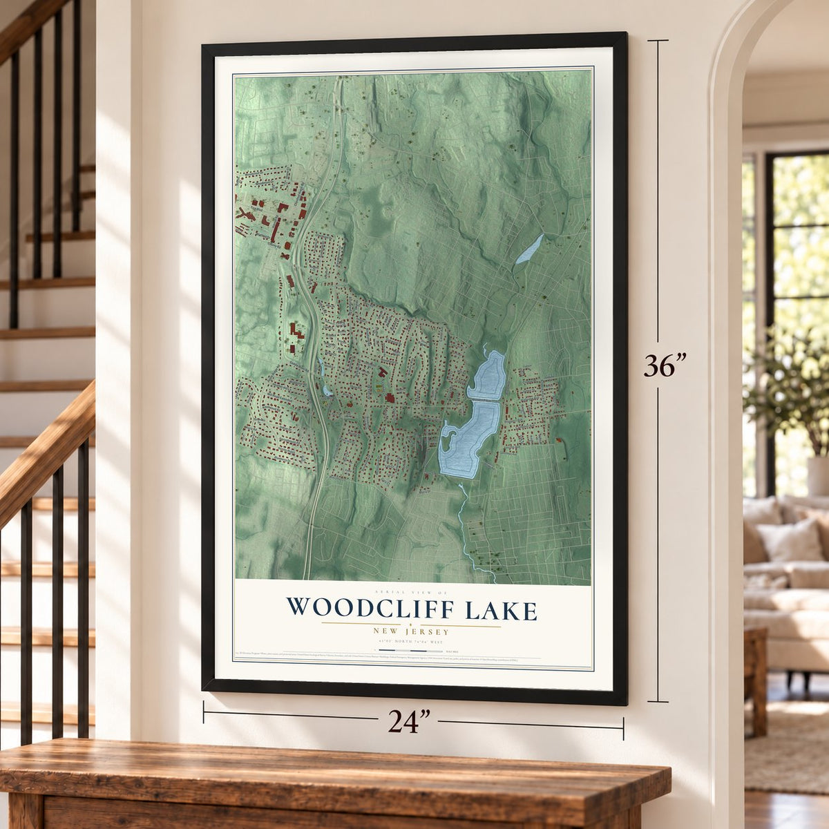 Woodcliff Lake, New Jersey map, 24 x 36 inch print in a black frame by a staircase
