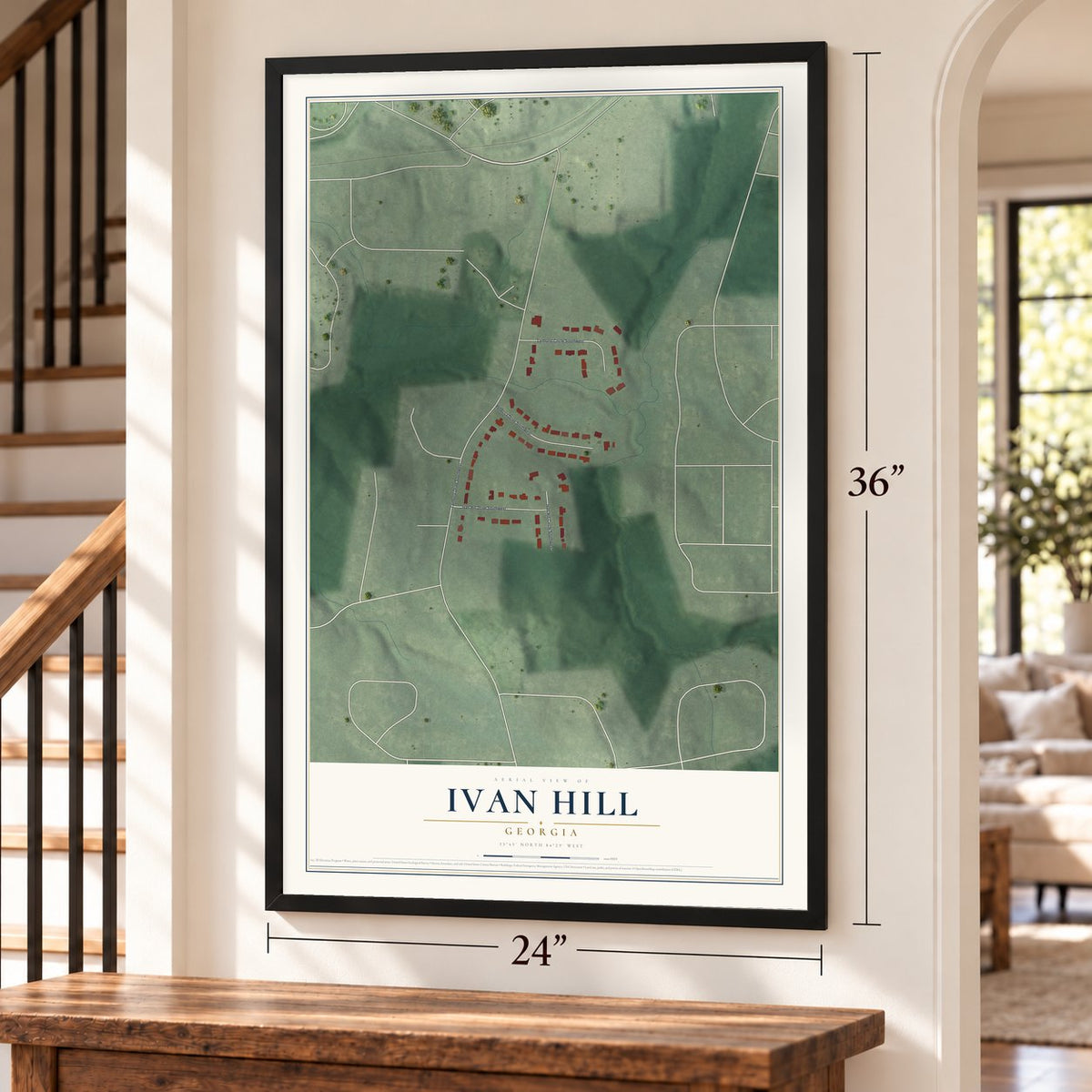 Ivan Hill, Georgia map, 24 x 36 inch print in a black frame by a staircase