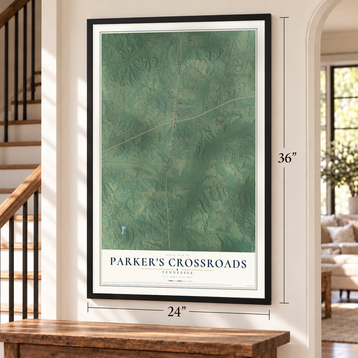 Parker's Crossroads, Tennessee map, 24 x 36 inch print in a black frame by a staircase