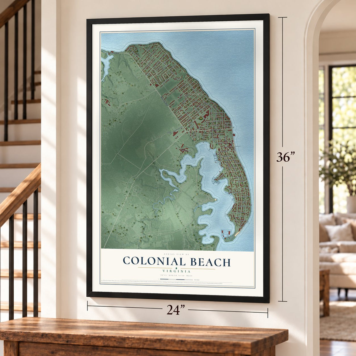 Colonial Beach, Virginia map, 24 x 36 inch print in a black frame by a staircase