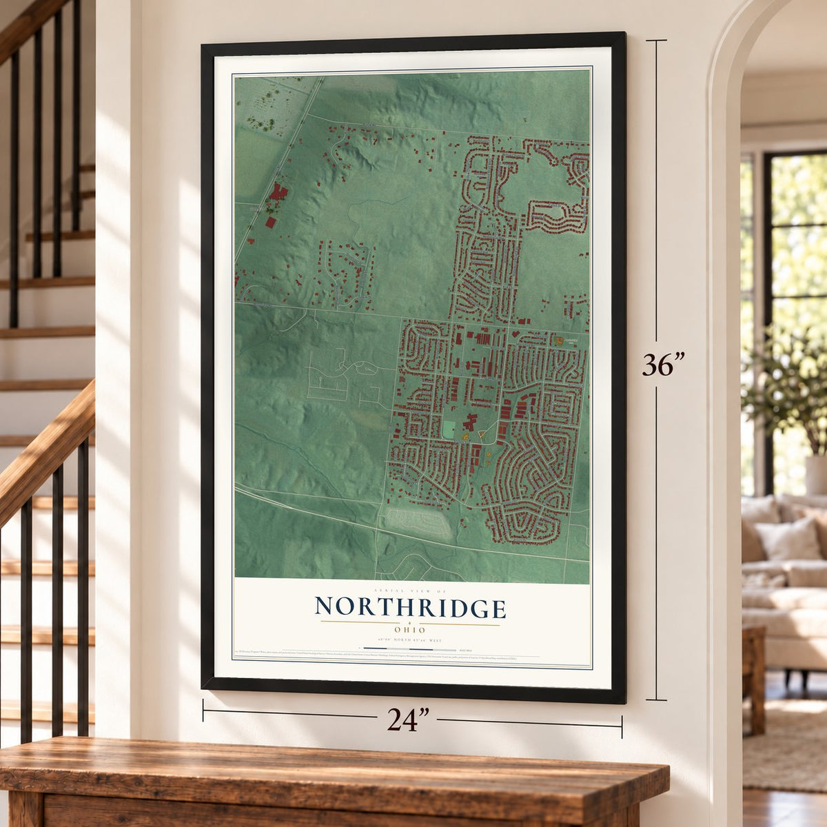 Northridge, Ohio map, 24 x 36 inch print in a black frame by a staircase