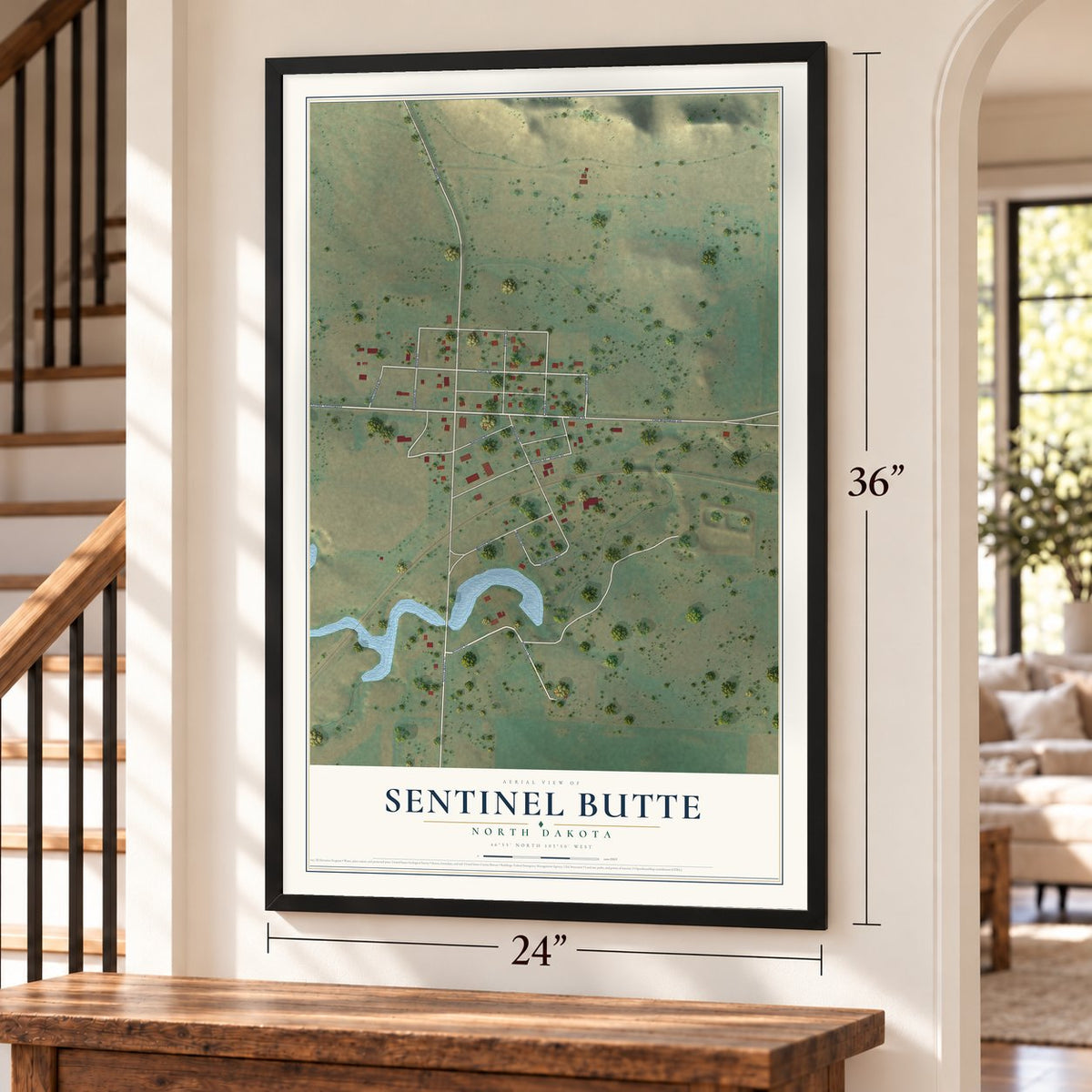 Sentinel Butte, North Dakota map, 24 x 36 inch print in a black frame by a staircase