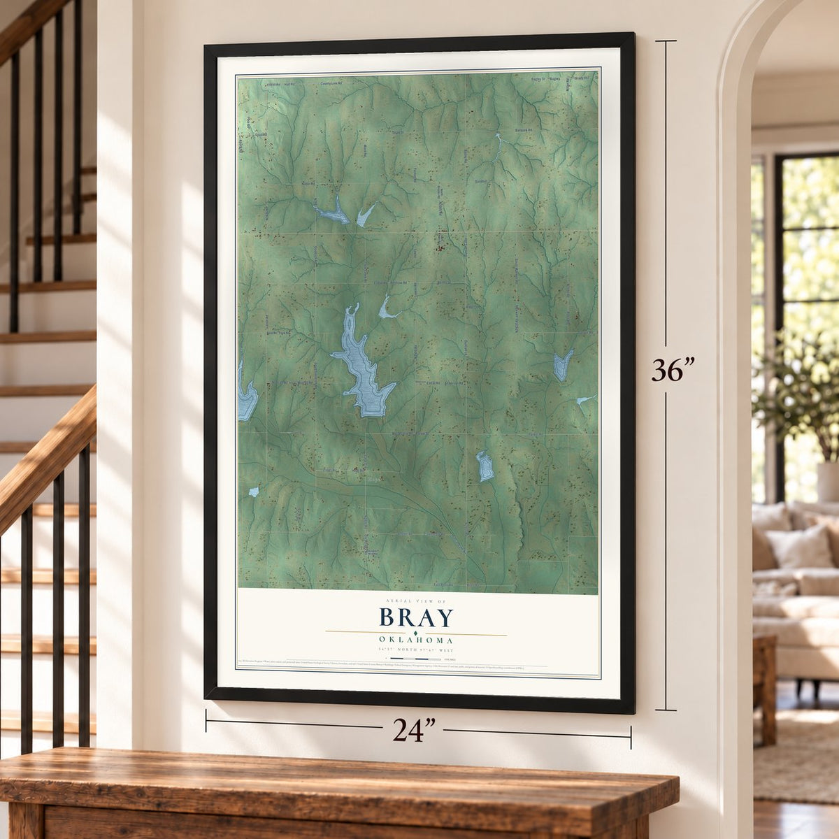 Bray, Oklahoma map, 24 x 36 inch print in a black frame by a staircase