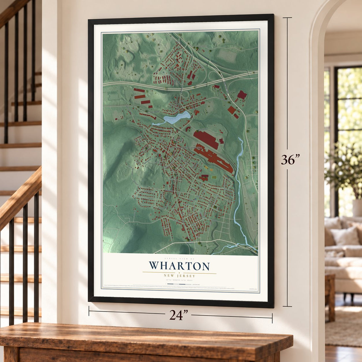 Wharton, New Jersey map, 24 x 36 inch print in a black frame by a staircase