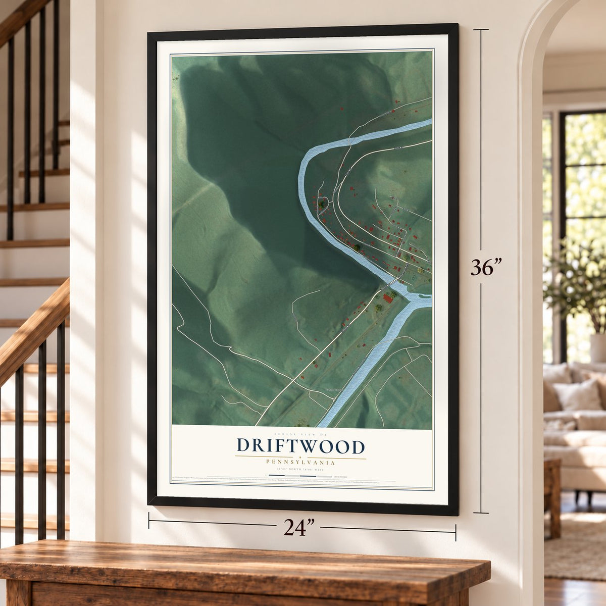 Driftwood, Pennsylvania map, 24 x 36 inch print in a black frame by a staircase