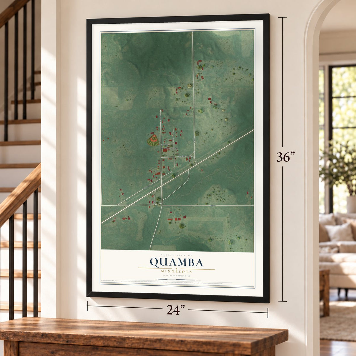 Quamba, Minnesota map, 24 x 36 inch print in a black frame by a staircase