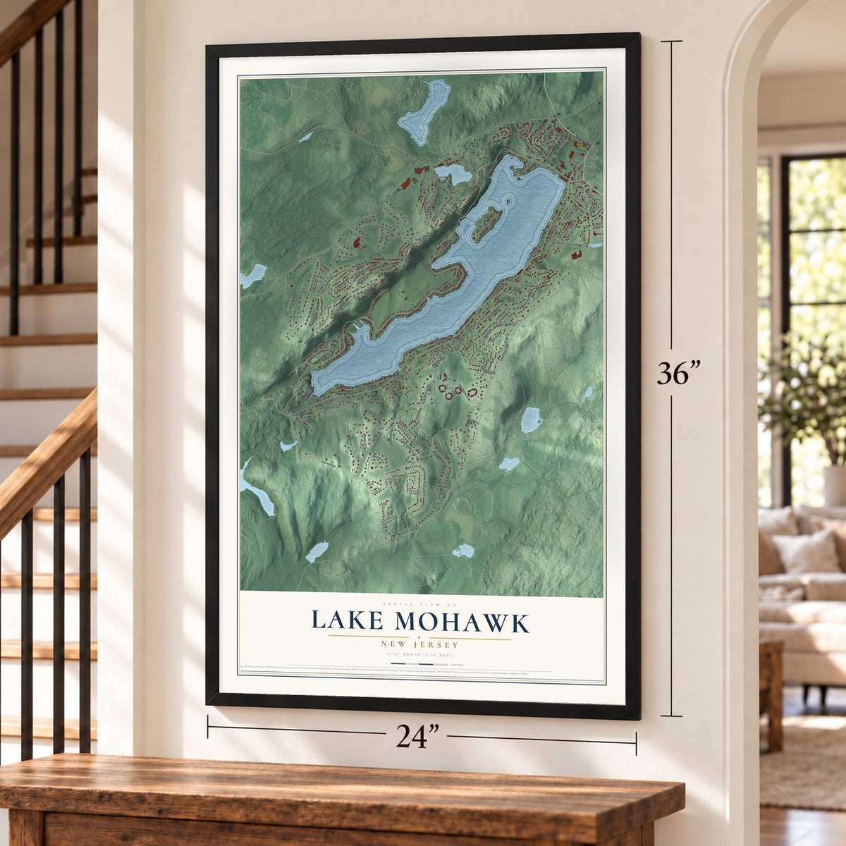 Lake Mohawk, New Jersey map, 24 x 36 inch print in a black frame by a staircase