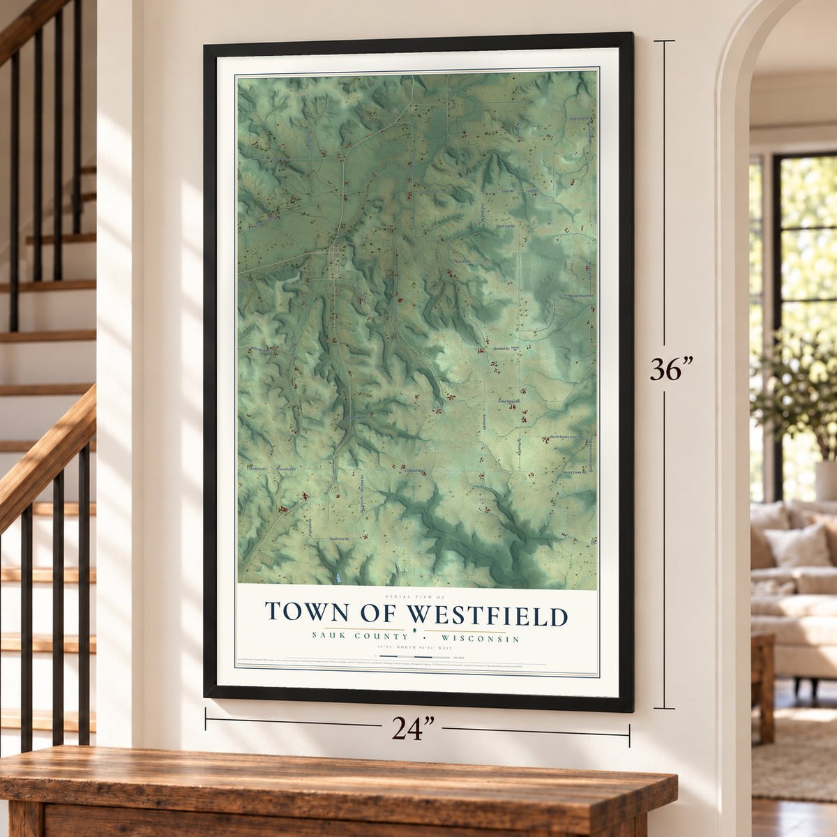 Town of Westfield, Sauk County, Wisconsin map, 24 x 36 inch print in a black frame by a staircase