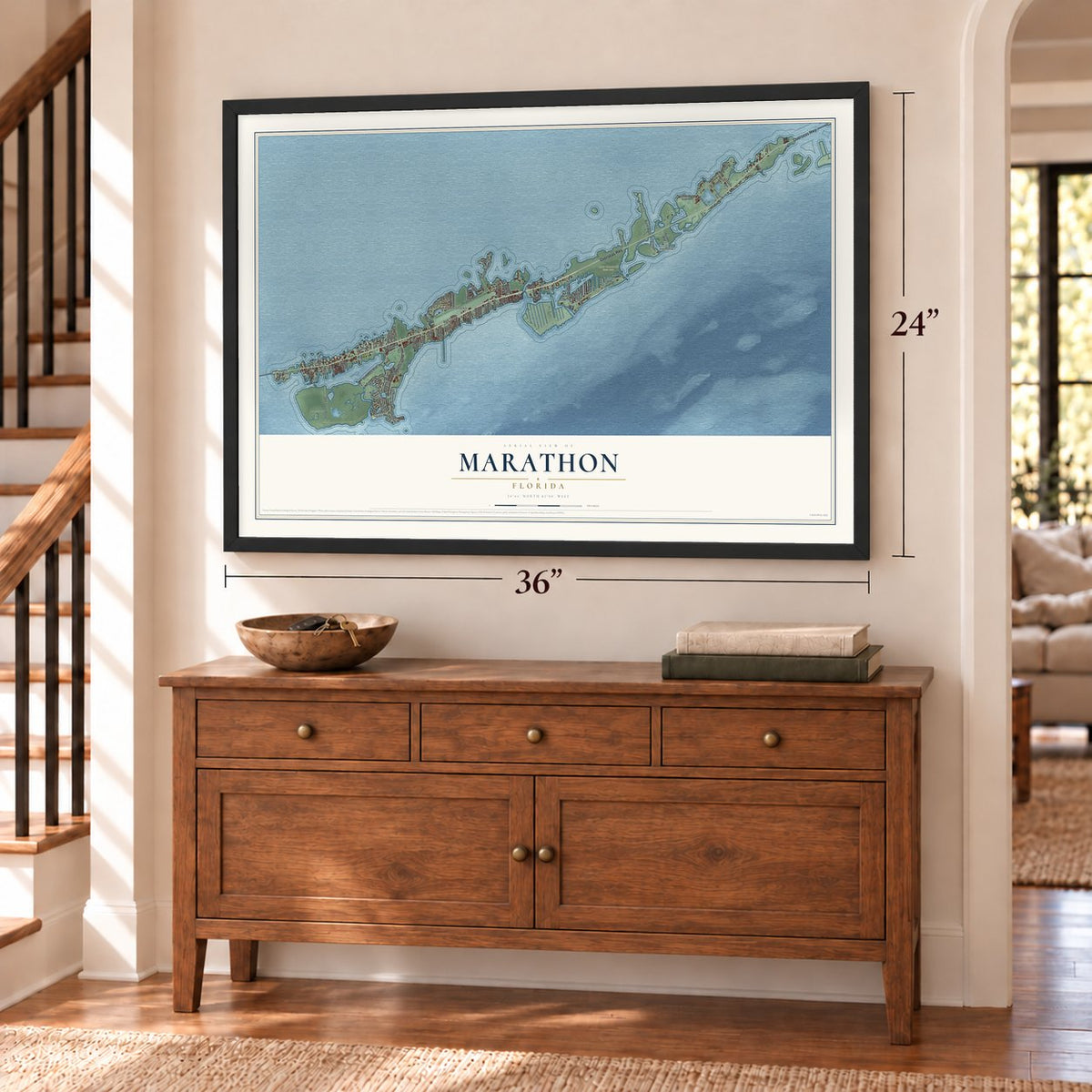 Marathon, Florida map, 24 x 36 inch print in a black frame above a dresser by a staircase