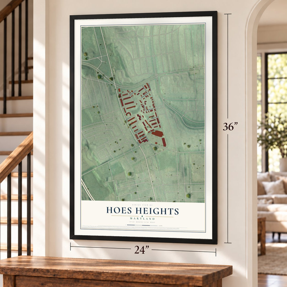 Hoes Heights, Maryland map, 24 x 36 inch print in a black frame by a staircase