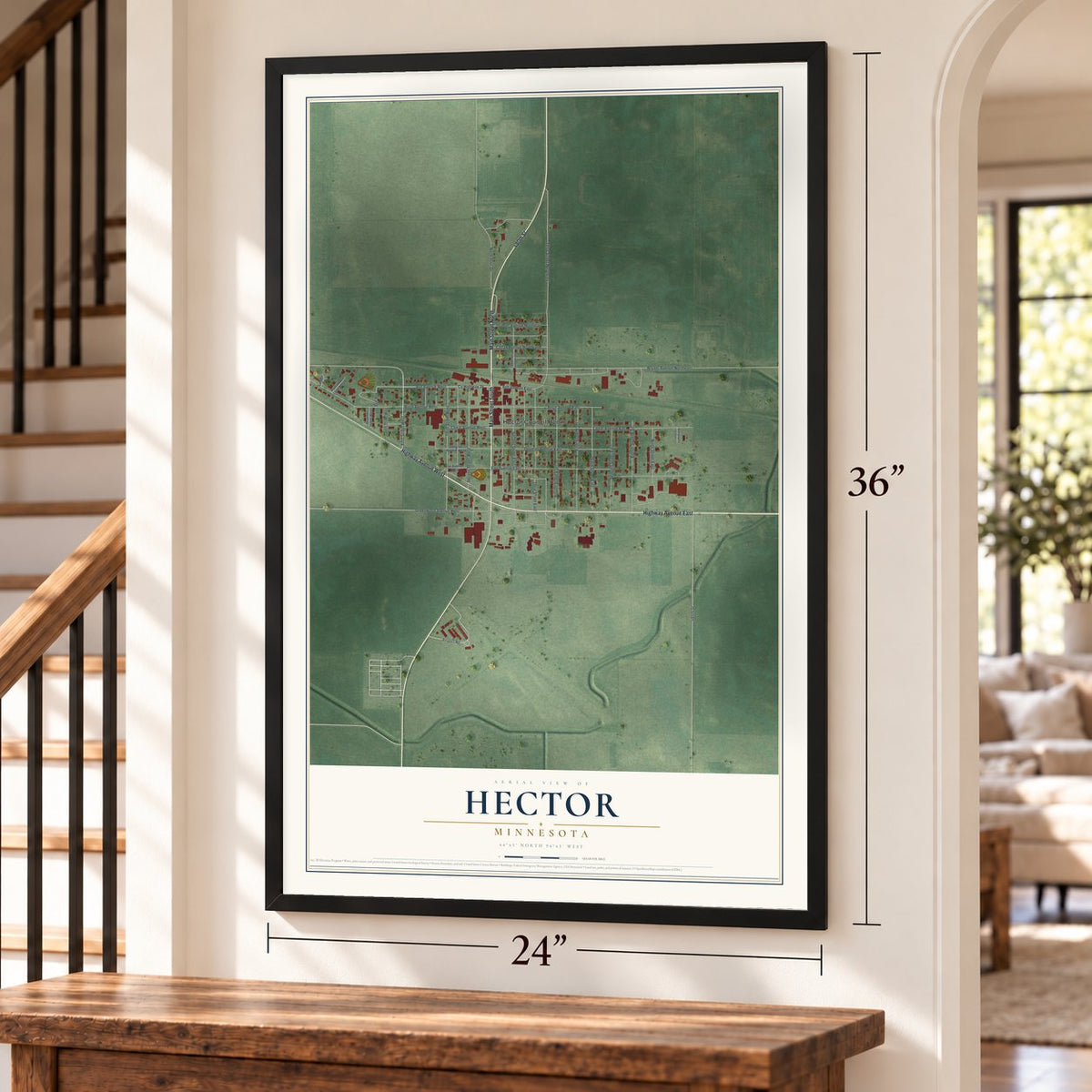 Hector, Minnesota map, 24 x 36 inch print in a black frame by a staircase