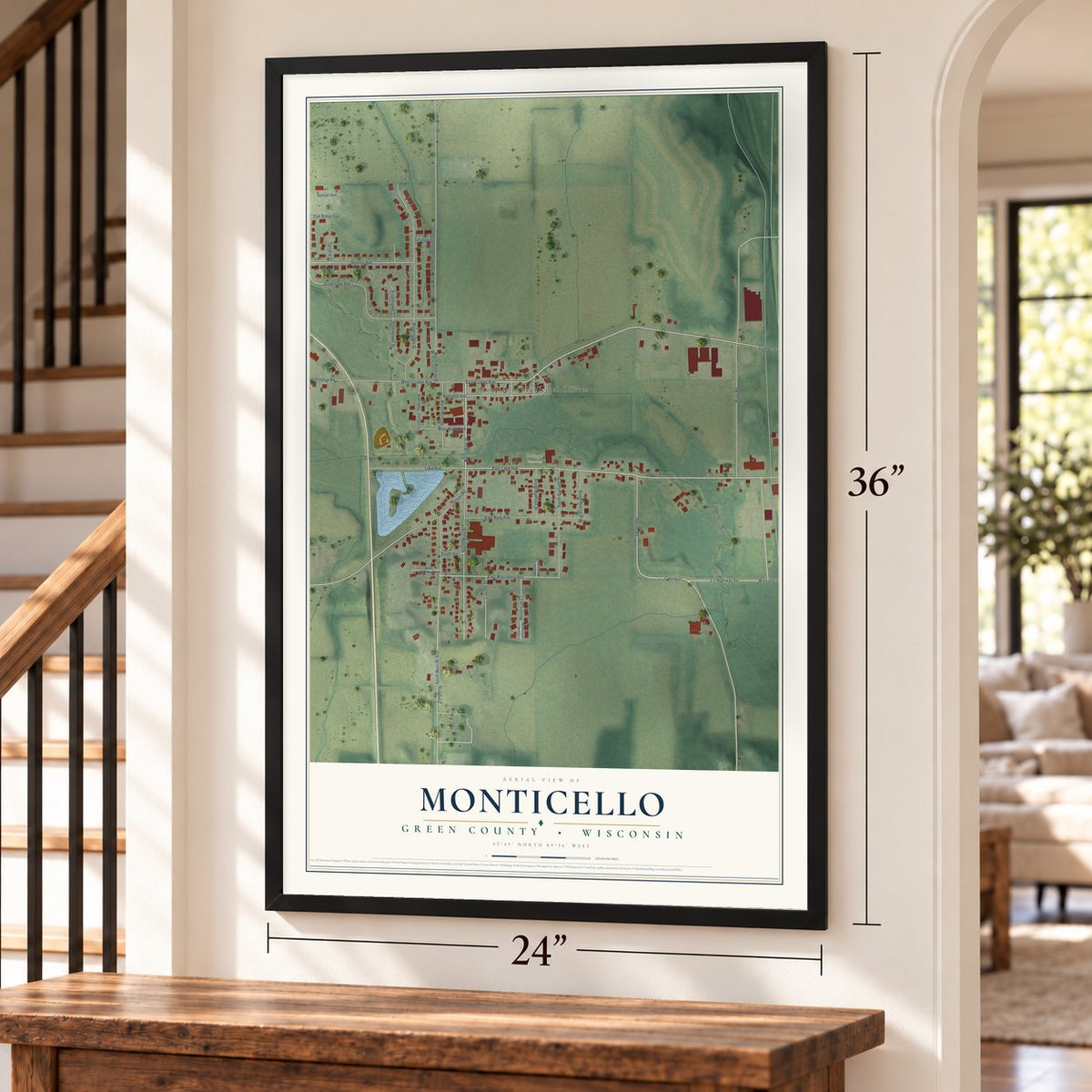 Monticello, Green County, Wisconsin map, 24 x 36 inch print in a black frame by a staircase
