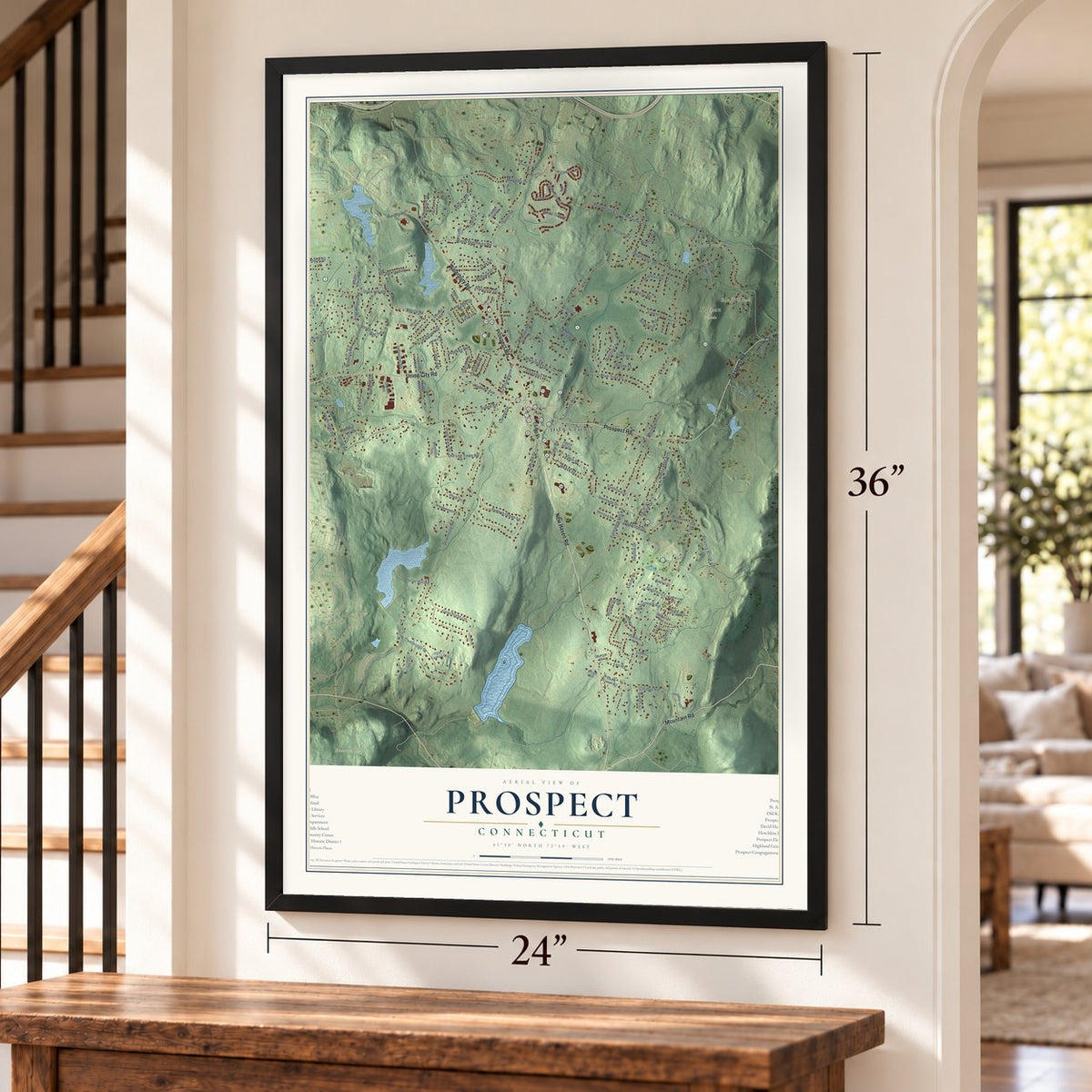 Prospect, Connecticut map, 24 x 36 inch print in a black frame by a staircase