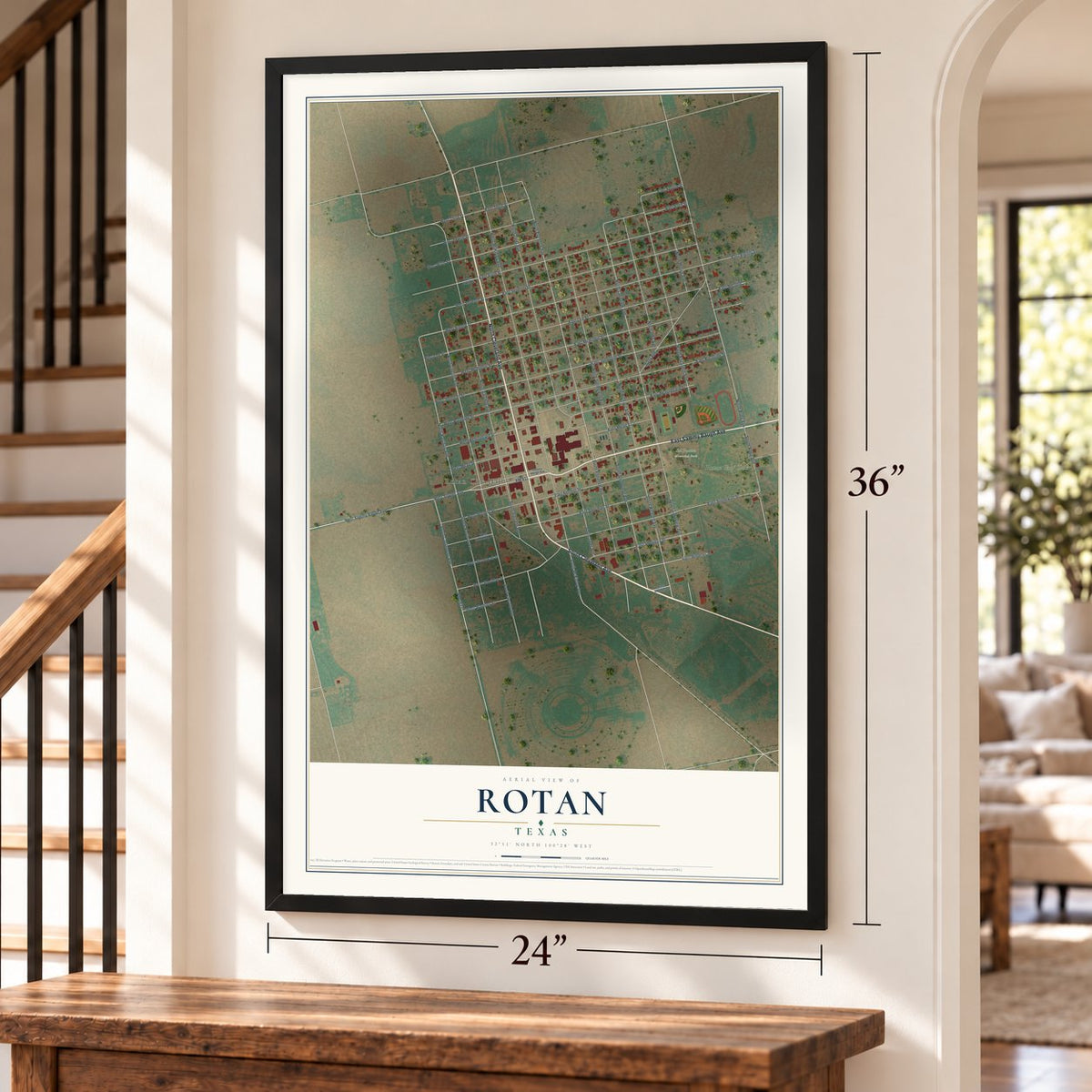 Rotan, Texas map, 24 x 36 inch print in a black frame by a staircase