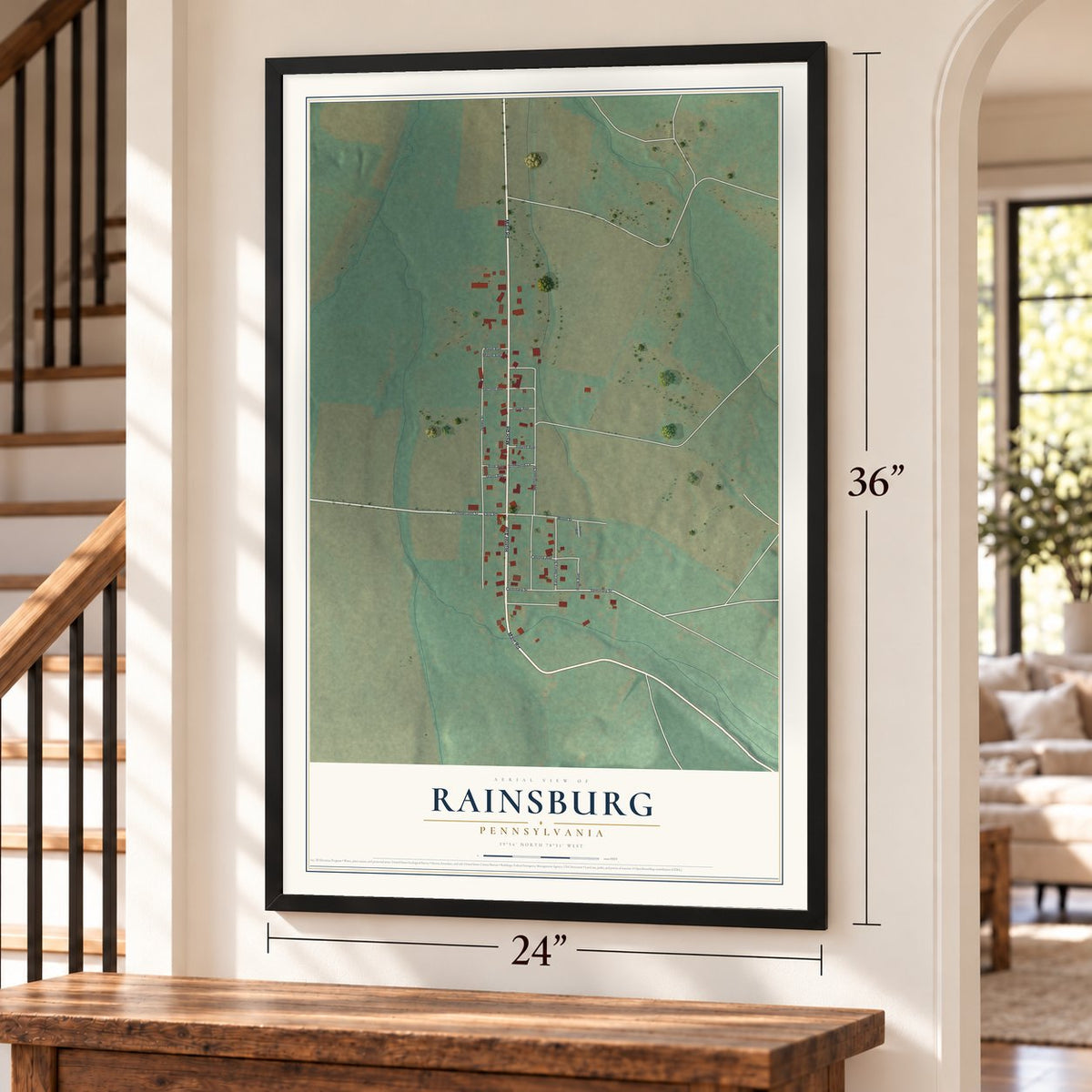 Rainsburg, Pennsylvania map, 24 x 36 inch print in a black frame by a staircase