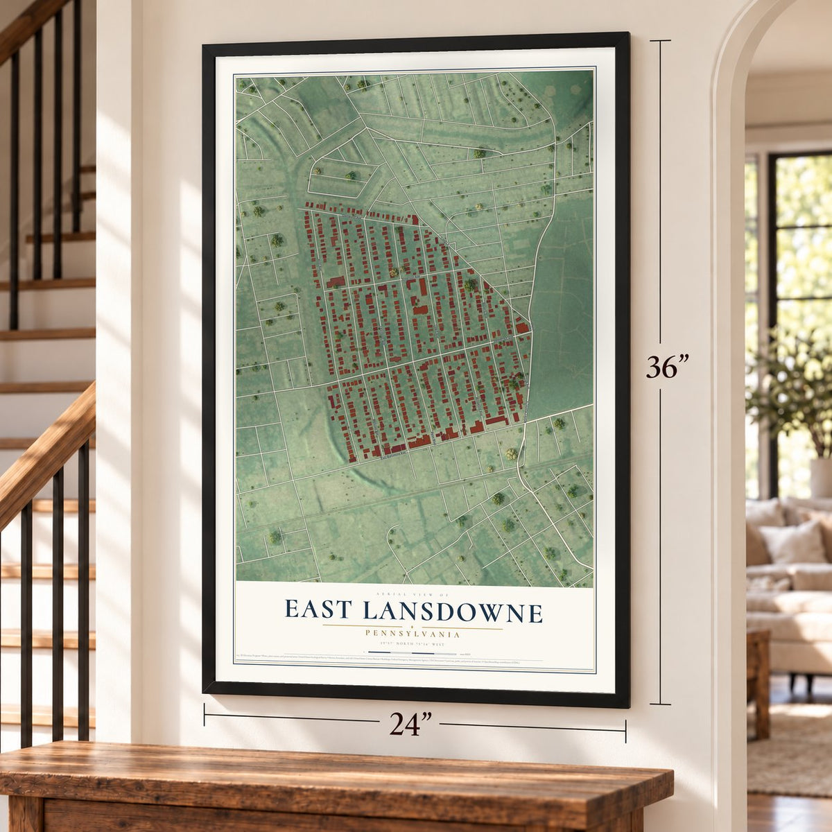 East Lansdowne, Pennsylvania map, 24 x 36 inch print in a black frame by a staircase