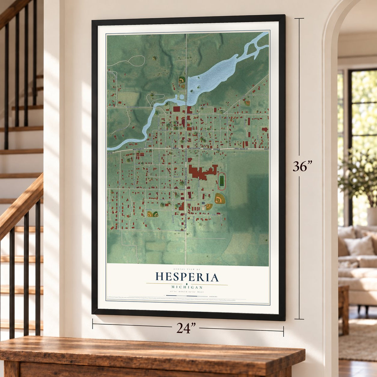 Hesperia, Michigan map, 24 x 36 inch print in a black frame by a staircase
