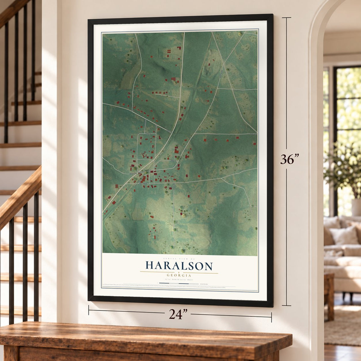 Haralson, Georgia map, 24 x 36 inch print in a black frame by a staircase