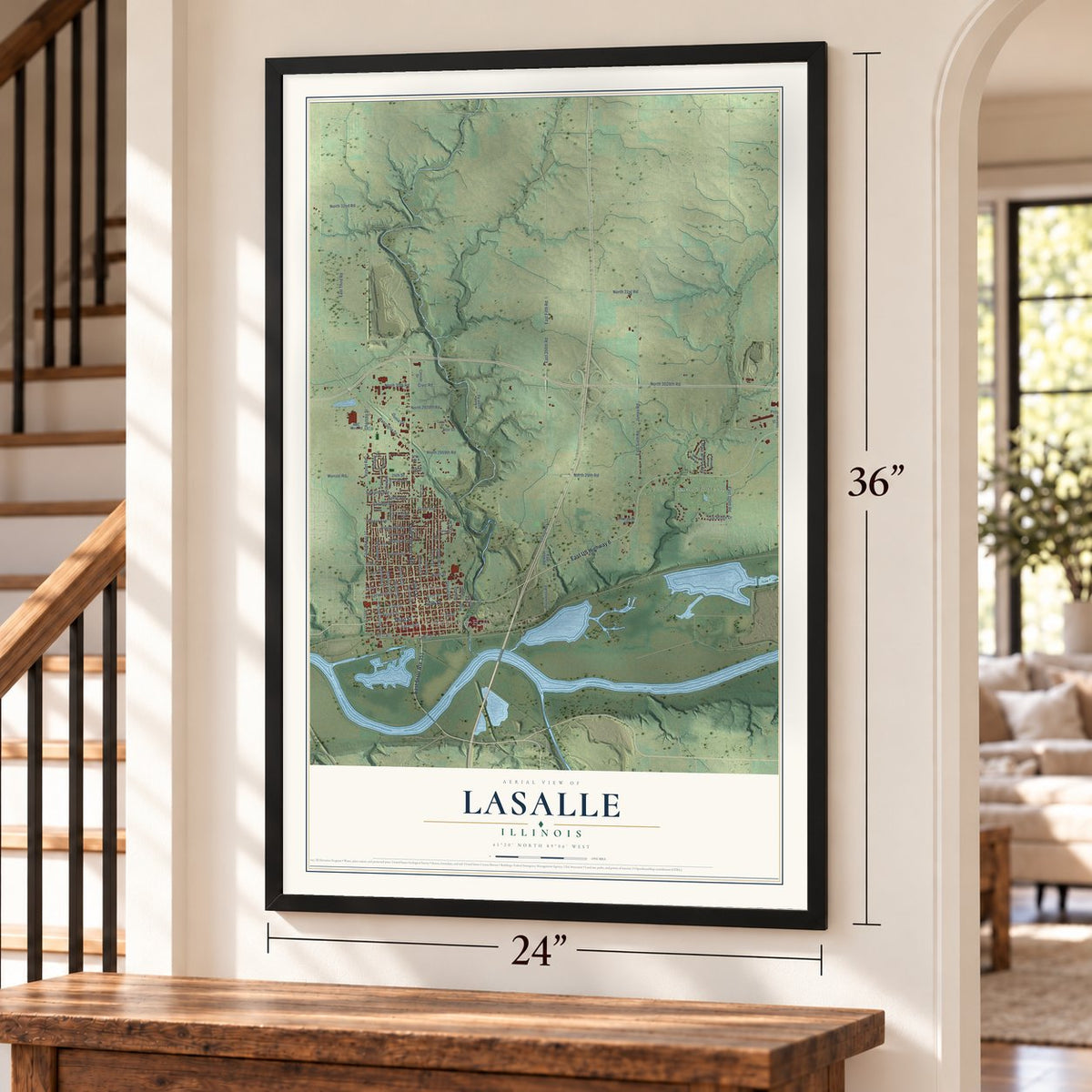 LaSalle, Illinois map, 24 x 36 inch print in a black frame by a staircase