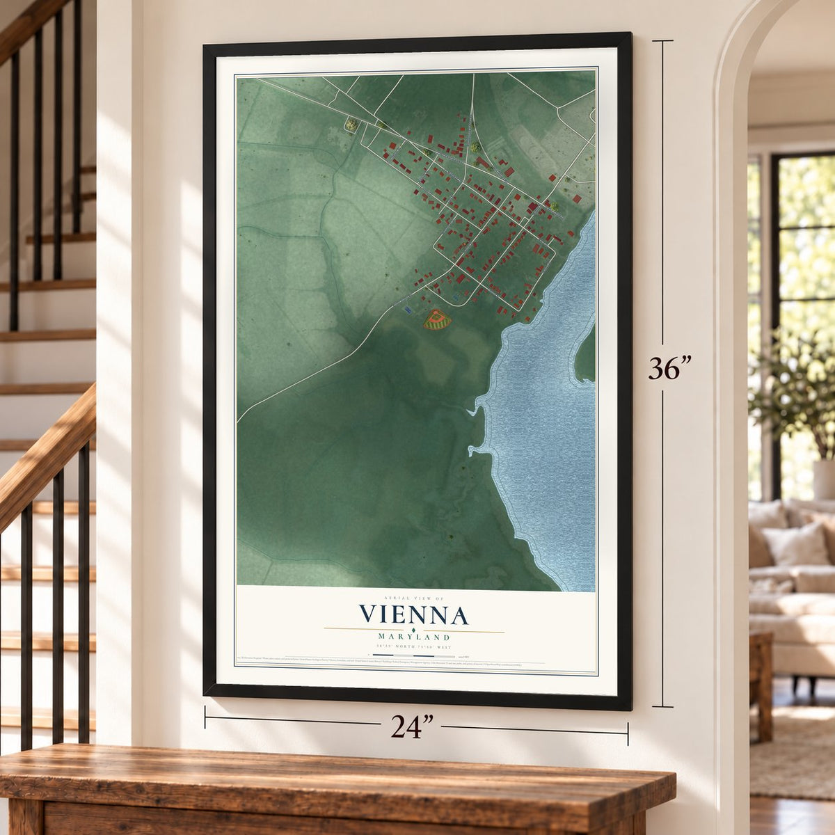 Vienna, Maryland map, 24 x 36 inch print in a black frame by a staircase