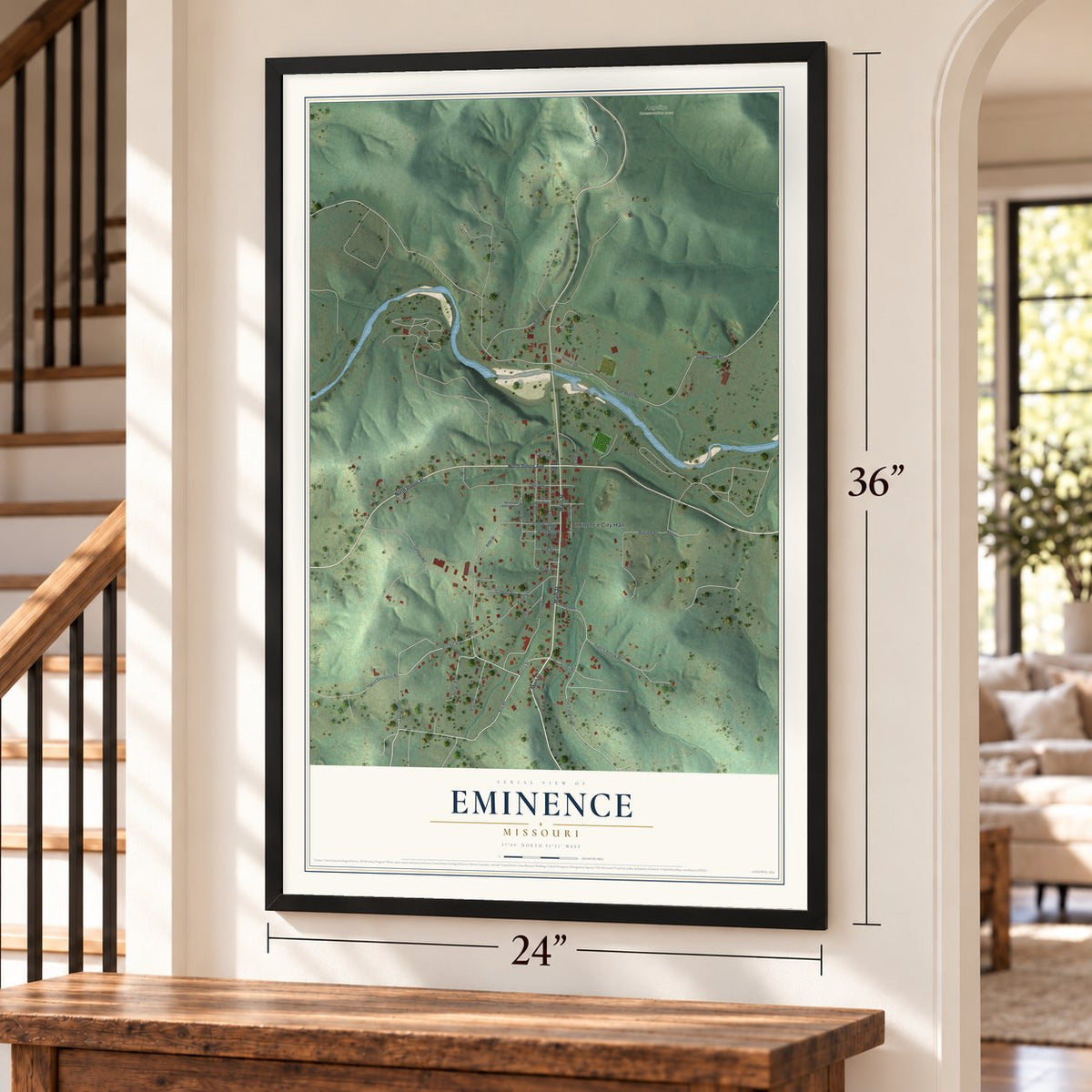 Eminence, Missouri map, 24 x 36 inch print in a black frame by a staircase