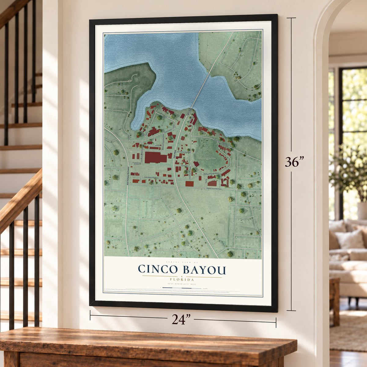 Cinco Bayou, Florida map, 24 x 36 inch print in a black frame by a staircase