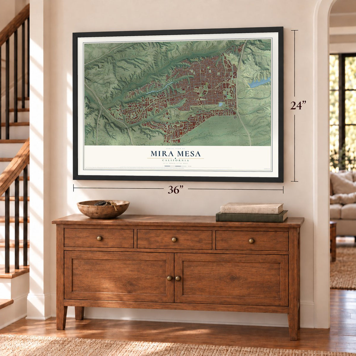 Mira Mesa, California map, 24 x 36 inch print in a black frame above a dresser by a staircase