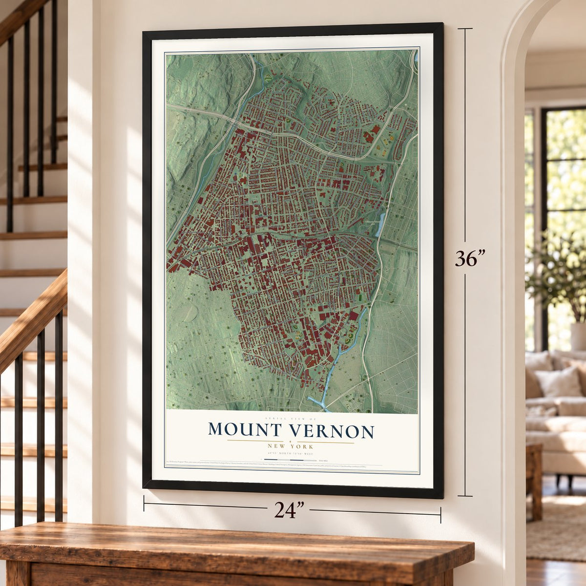 Mount Vernon, New York map, 24 x 36 inch print in a black frame by a staircase