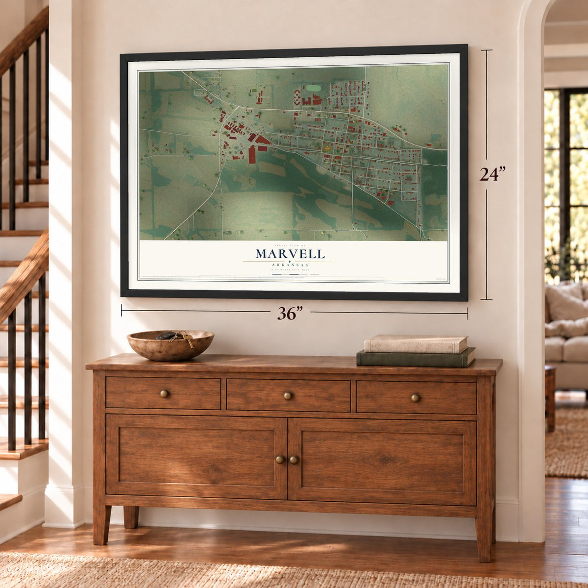 Marvell, Arkansas map, 24 x 36 inch print in a black frame above a dresser by a staircase