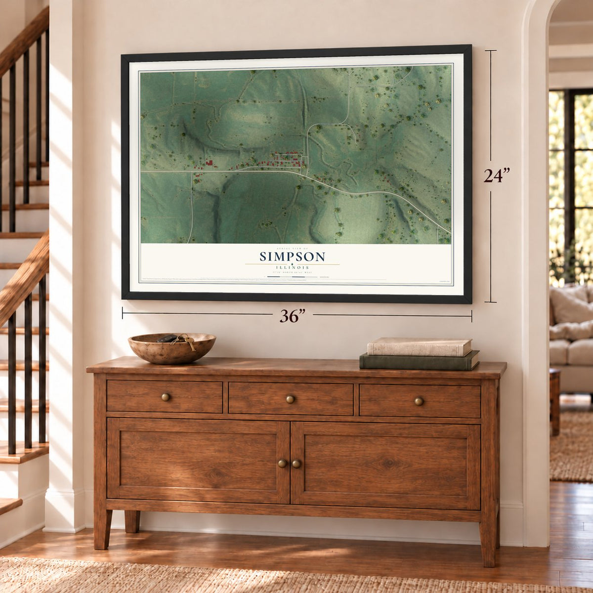 Simpson, Illinois map, 24 x 36 inch print in a black frame above a dresser by a staircase