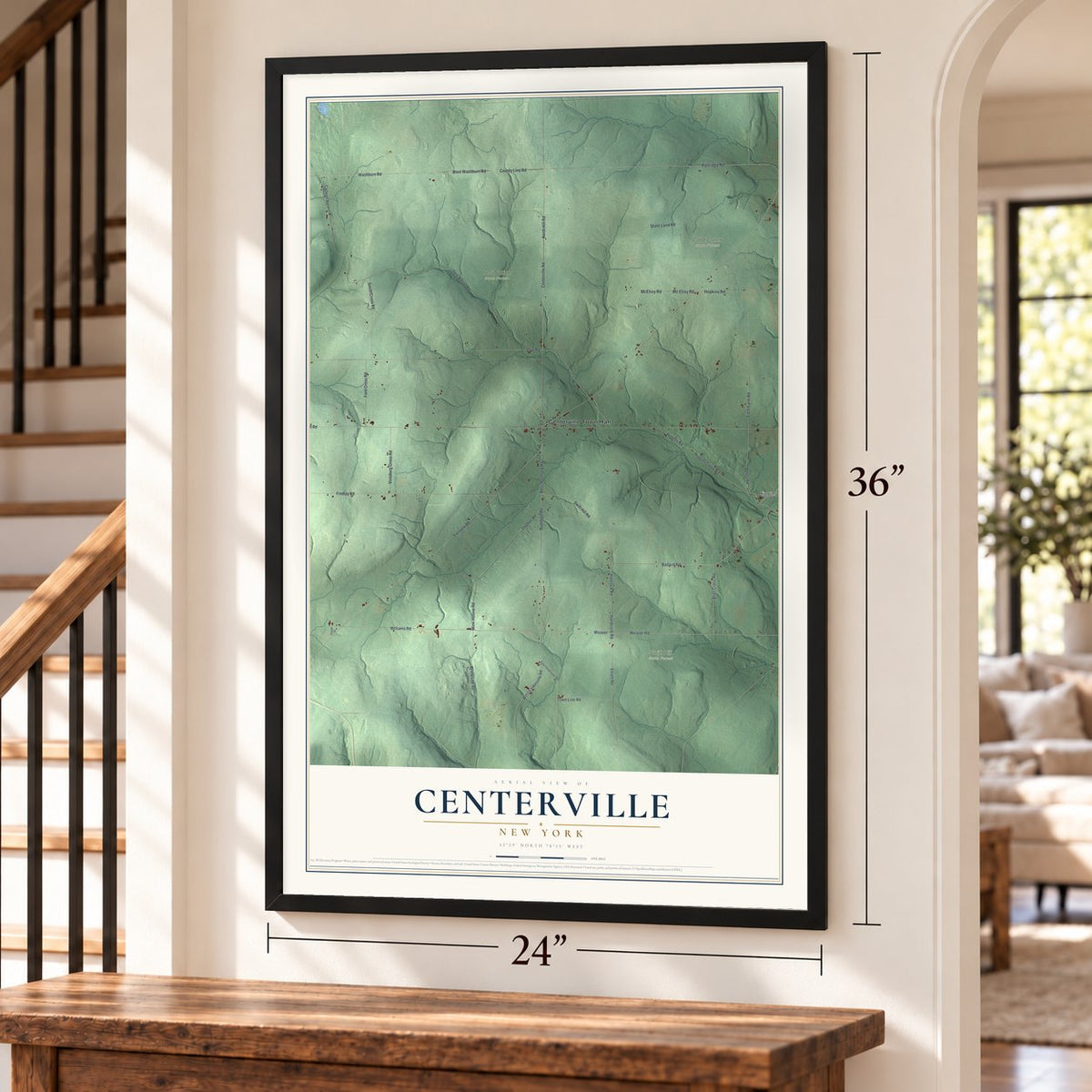 Centerville, New York map, 24 x 36 inch print in a black frame by a staircase