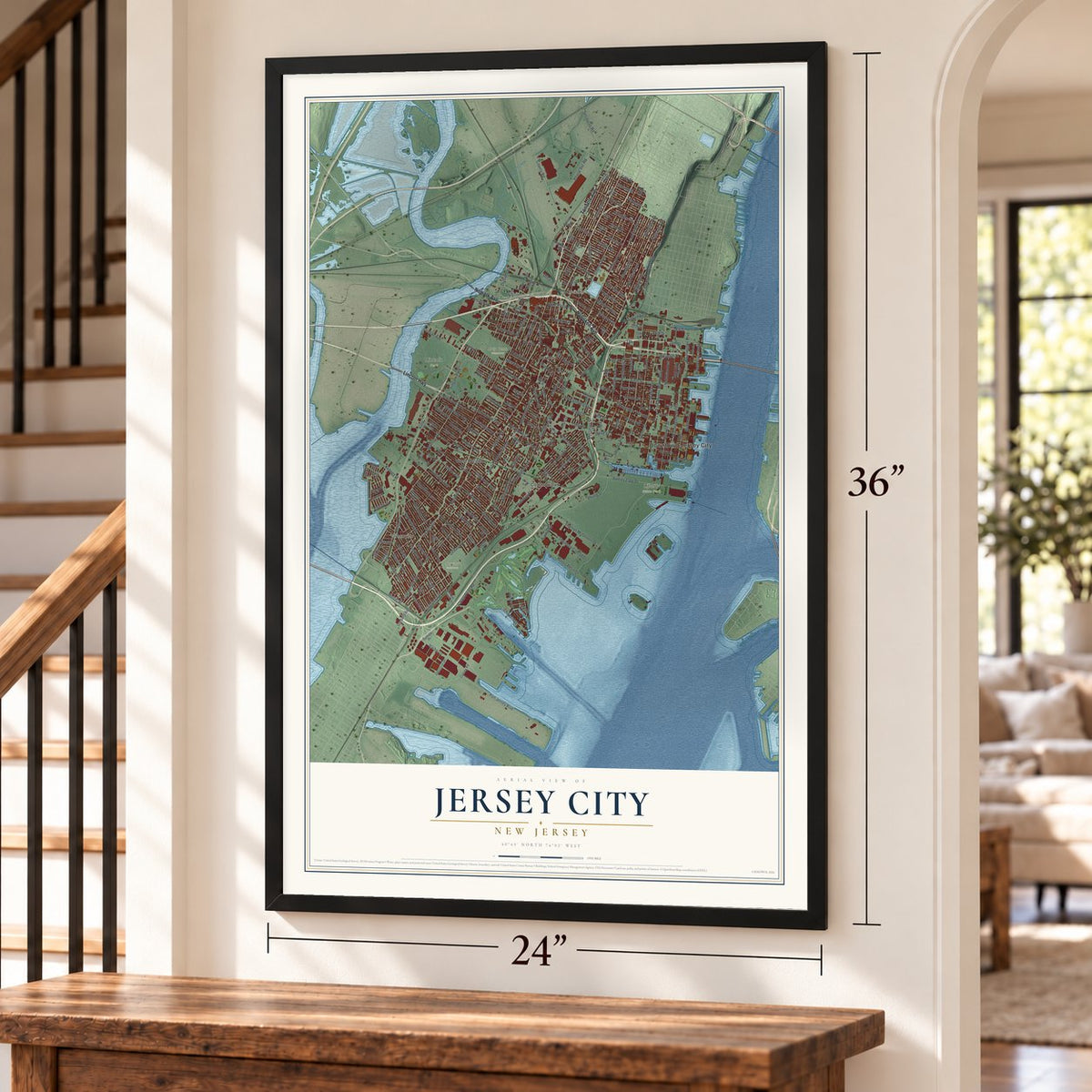 Jersey City, New Jersey map, 24 x 36 inch print in a black frame by a staircase