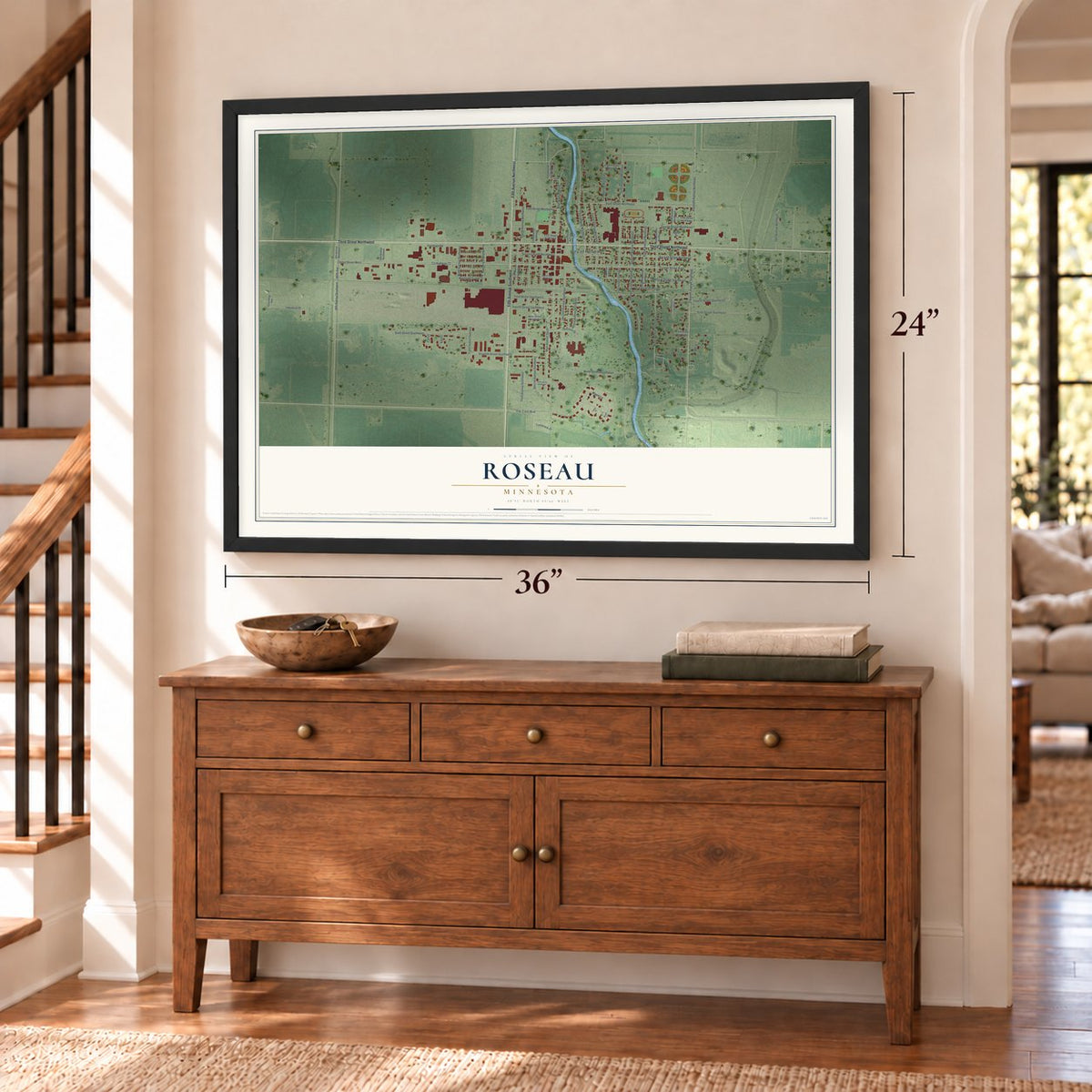 Roseau, Minnesota map, 24 x 36 inch print in a black frame above a dresser by a staircase