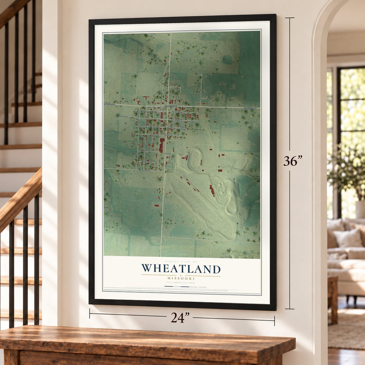 Wheatland, Missouri map, 24 x 36 inch print in a black frame by a staircase