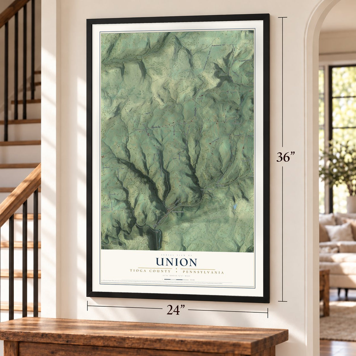 Union, Tioga County, Pennsylvania map, 24 x 36 inch print in a black frame by a staircase