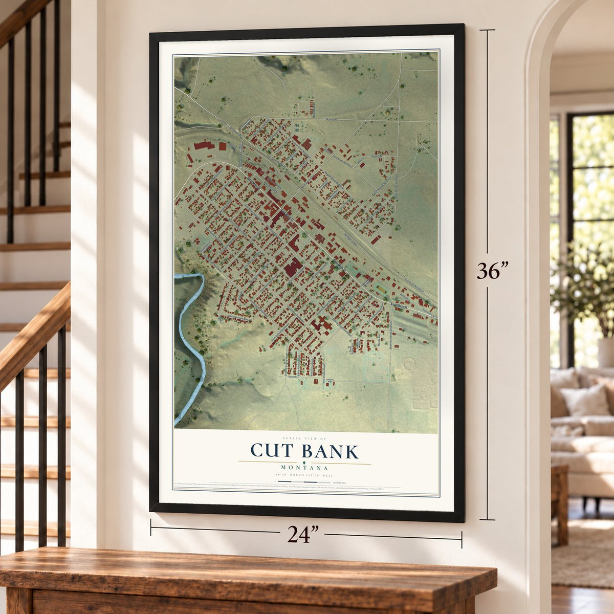 Cut Bank, Montana map, 24 x 36 inch print in a black frame by a staircase