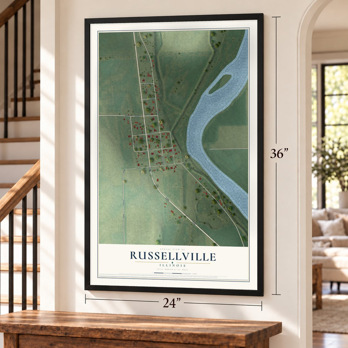 Russellville, Illinois map, 24 x 36 inch print in a black frame by a staircase